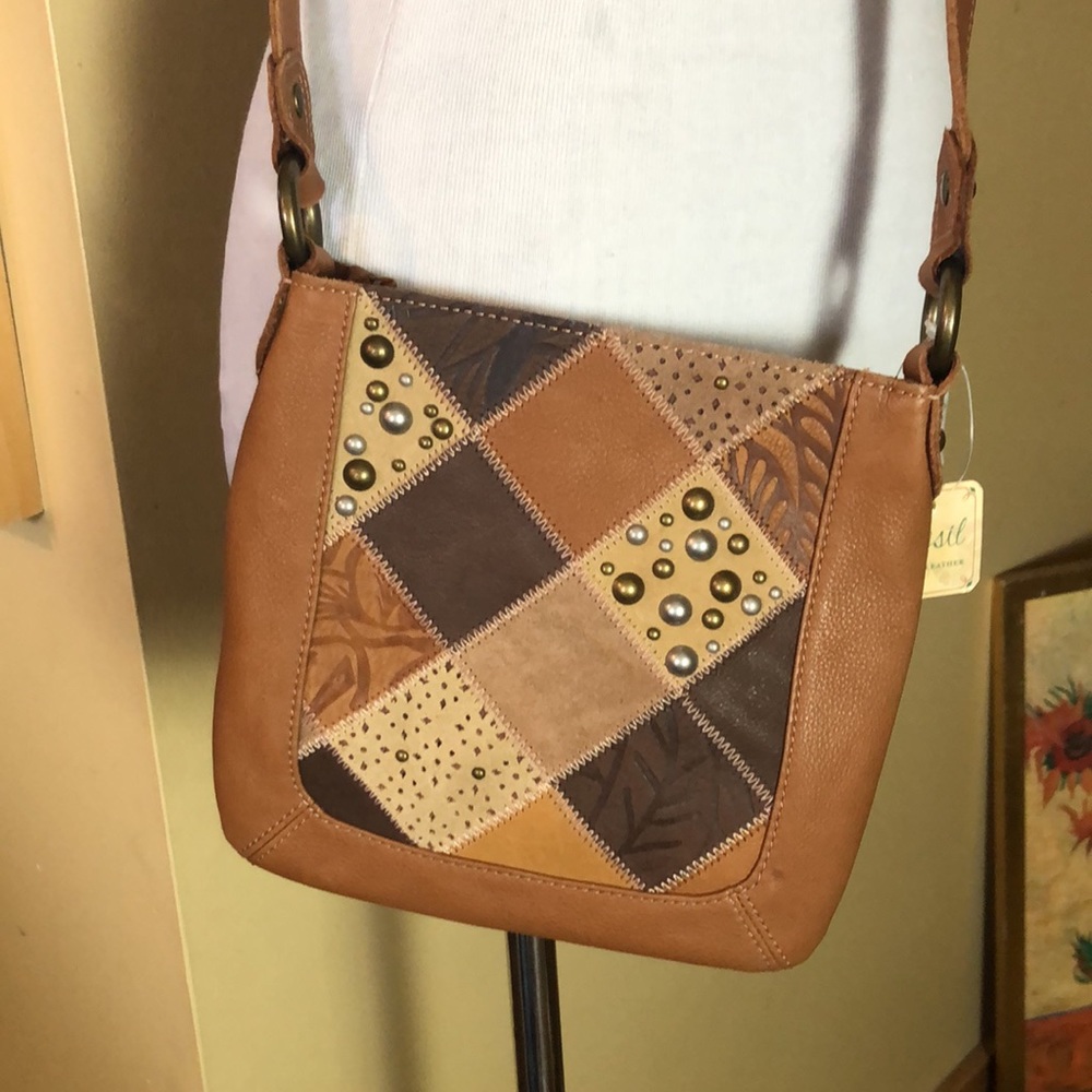 FOSSIL Journey patchwork Crossbody LEATHER Multi-Brown & Hardware Finishes NEW